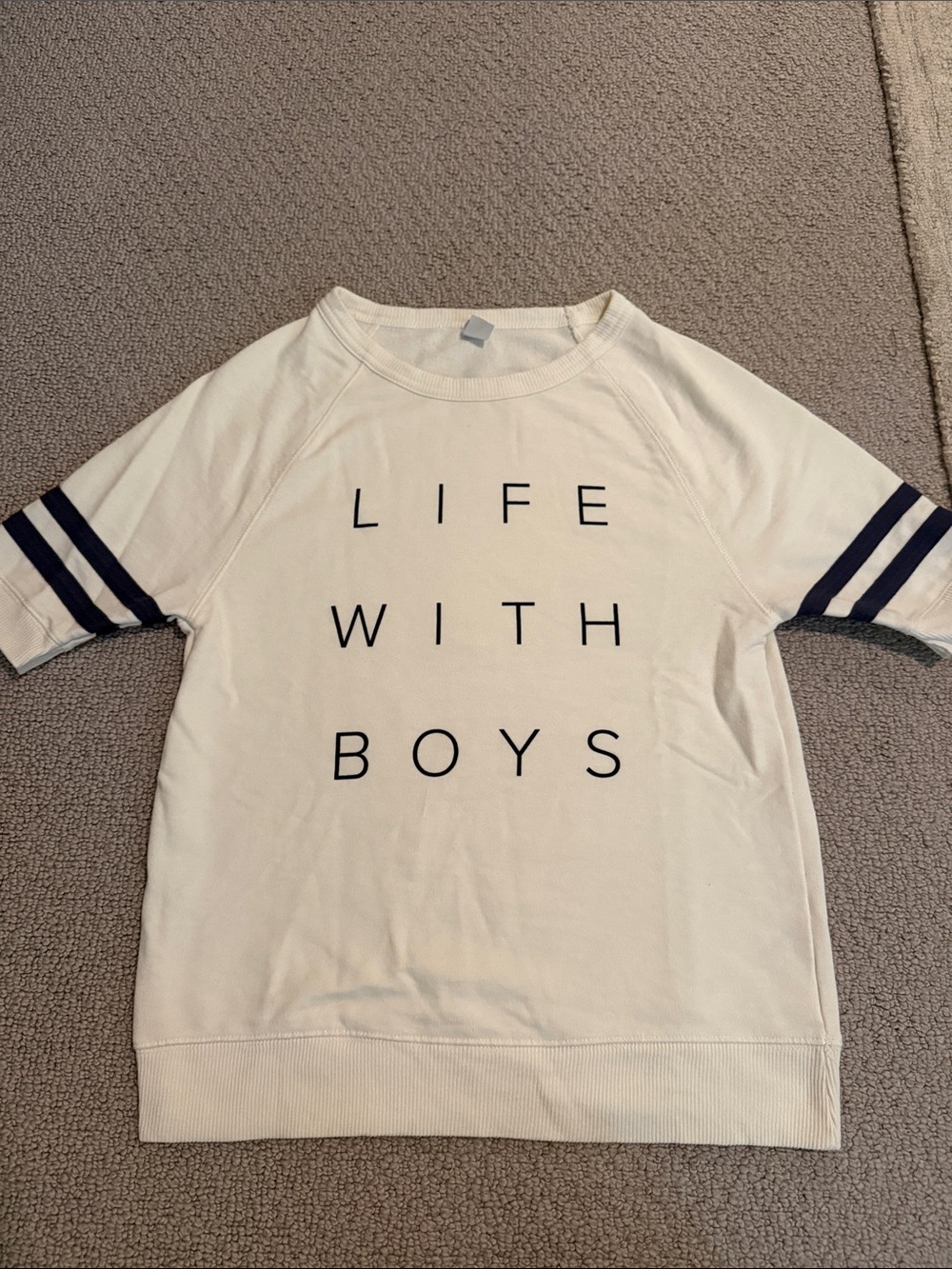 Women’s White Tee with Navy Stripes - "Life With Boys"